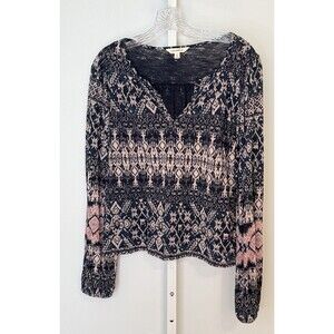 Lucky Brand Women’s Small Boho Top Navy Pink Ikat Print Long Sleeve Cotton Modal